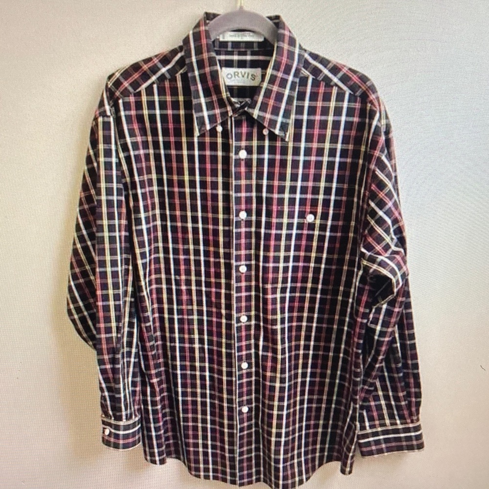 Orvis Men's Black and Red Plaid Button Down Shirt